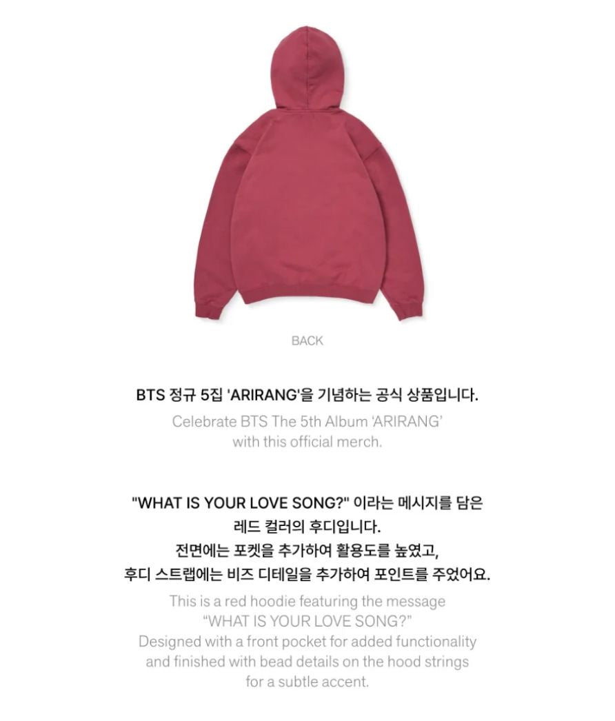 BTS ARIRANG フーディ　XLサイズ BTS ARIRANG World Tour Seoul Korea Limited Zip-Up Hoodie L Size